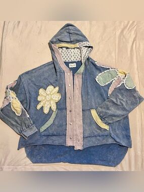 Oli & Hali Boho Patchwork Hooded button up Jacket in Blue with Pastel Floral